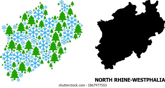 Vector composition map of North Rhine-Westphalia State created for New Year, Christmas, and winter. Mosaic map of North Rhine-Westphalia State is created with snowflakes and fir trees.