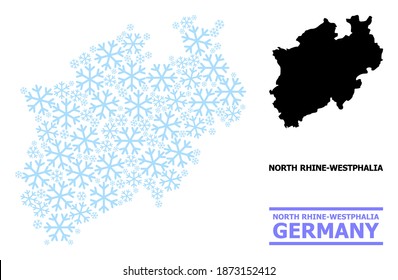 Vector composition map of North Rhine-Westphalia State organized for New Year, Christmas celebration, and winter. Mosaic map of North Rhine-Westphalia State is created of light blue snow items.