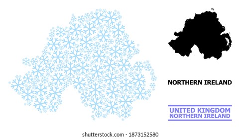 Mapa de composición de vectores de Irlanda del Norte creado para Año Nuevo, celebración de Navidad e invierno. El mapa mosaico de Irlanda del Norte se crea con elementos de nieve azul claro.