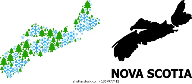 Vector composition map of Nova Scotia Province designed for New Year, Christmas, and winter. Mosaic map of Nova Scotia Province is designed from snow and fir trees.