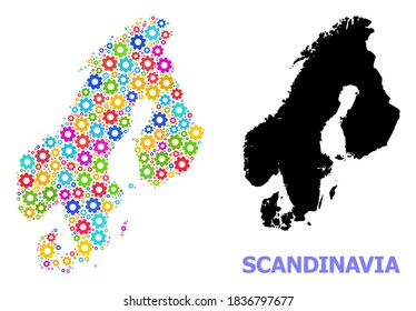 Vector composition map of Scandinavia created for engineering. Mosaic map of Scandinavia is created of random bright wheels. Engineering components in bright colors.
