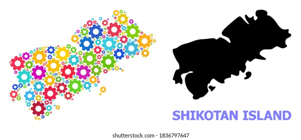 Vector composition map of Shikotan Island organized for services. Mosaic map of Shikotan Island is constructed from randomized bright wheels. Engineering items in bright colors.