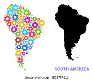 Vector composition map of South America organized for engineering. Mosaic map of South America is organized with scattered multi-colored wheels. Engineering items in bright colors.
