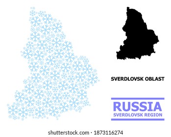 Vector composition map of Sverdlovsk Region organized for New Year, Christmas celebration, and winter. Mosaic map of Sverdlovsk Region is designed from light blue snow items.