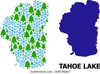 Vector composition map of Tahoe Lake created for New Year, Christmas, and winter. Mosaic map of Tahoe Lake is created from snow and fir trees. svg