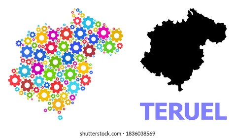 Vector composition map of Teruel Province organized for engineering. Mosaic map of Teruel Province is organized from randomized colorful cogs. Engineering components in bright colors.