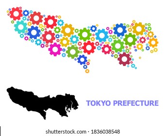 Vector composition map of Tokyo Prefecture done for engineering. Mosaic map of Tokyo Prefecture is done with randomized colored cogs. Engineering items in bright colors.