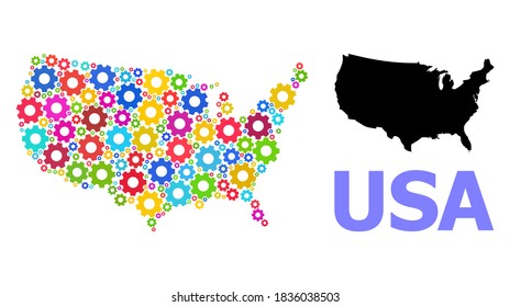 Vector composition map of USA organized for engineering. Mosaic map of USA is constructed from randomized bright gears. Engineering components in bright colors.