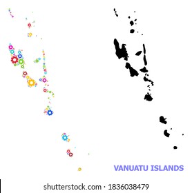 Vector composition map of Vanuatu Islands done for engineering. Mosaic map of Vanuatu Islands is done with randomized bright gears. Engineering items in bright colors.