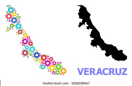 Mapa de composición vectorial del estado de Veracruz diseñado para ingeniería. El mapa mosaico del estado de Veracruz se compone de ruedas de engranajes brillantes al azar. Artículos de ingeniería de colores vivos.