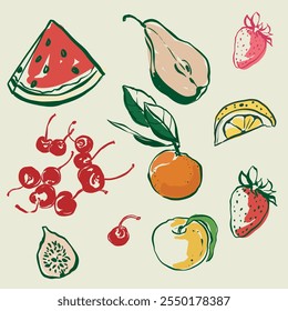 Composição vetorial dos frutos mediterrânicos. Conjunto de doodle vintage desenhado à mão com melancia, pera, cereja, morango, laranja, limão e figo.