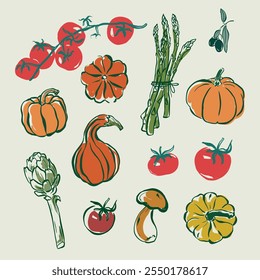 Vector composition of Mediterranean vegetables. Hand-drawn vintage doodle set with mushroom, tomato, artichoke, pumpkin and olive. Tasty food for design, print, fabric or background.