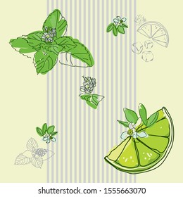 Vector composition Mint Lime Mojito contains bright green leaves and mint flowers, a slice of lime, lime flowers, pieces of ice, gray tubes, pale yellow and pale green backgrounds 