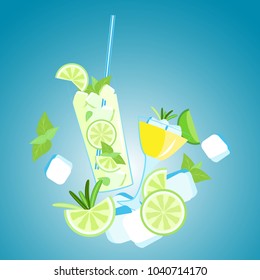 Vector composition of mojito and martini with ice cubes and lime