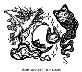 Vector composition with moon in witch hat, ghost. Adult coloring book page, tattoo art, t-shirt design