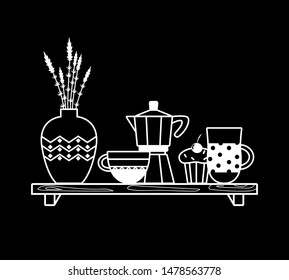 Vector composition with mug, vase, cup, coffee maker and cupcake standing on a kitchen shelve. Flat illustration in line style