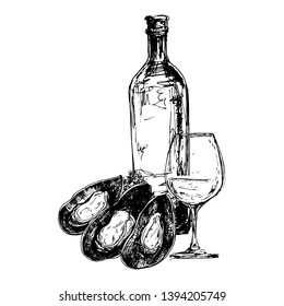 Vector composition with mussels, wine bottle and glass