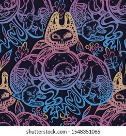 Vector composition with mystical cat skeleton, bottle of potion, t-shirt design, seamless pattern, background dark blue