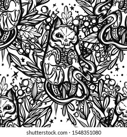 Vector composition with mystical cat skeleton lies in the grass, seamless pattern, background light, t-shirt design