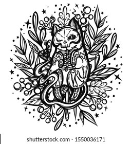 Vector composition with mystical cat skeleton lies in the grass. Adult coloring book page, tattoo art, t-shirt design