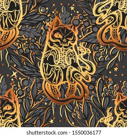 Vector composition with mystical cat skeleton lies in the grass, seamless pattern, background grey, t-shirt design