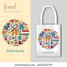 Vector composition of Netherlands symbols in a circle with tote bag mockup good for souvenirs and travel prints