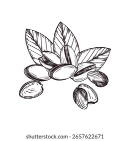 Vector composition of nuts, pistachios, leaves. All objects are hand-drawn with ink. Vector illustration for printing on food packaging, cosmetics, for dish decor. Vector illustration