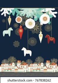 Vector composition with old houses and Christmas decoration, baubles with red scandinavian dala horses  on dark blue background