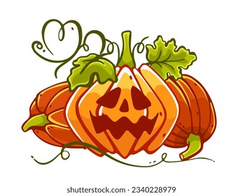Vector composition on the theme of pumpkins and Halloween in a cute cartoon style.