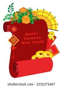Vector composition on a transparent background. Red scroll with coins, amulet, fan and festive envelopes. Translation of hieroglyphs of happiness and well-being