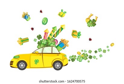 Vector composition on a transparent background for St. Patrick's Day. In a golden car are clover leaves, firecrackers and flying gifts from the car exhaust pipe, clover leaves and gold coins