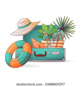 Vector composition of open suitcase with bag, hat, flip flops, tropical leaves, glasses, shell, water balloon. Summer holiday illustration. Recreation, vacation concept.