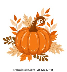 Vector composition with an orange pumpkin and autumn leaves on a white background. Seasonal fall illustration perfect for Thanksgiving, cards, decorations, banners, and harvest-themed designs