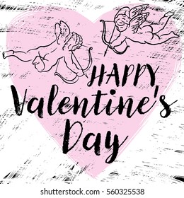 Vector composition with a painted heart, angel, Amur, Cupid and calligraphic text Happy Valentine's Day. Love concept for t-shirts, flyer, posters, card and other uses.