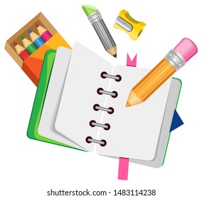 Vector composition of pencils, sharpeners and an album on a spring. Isolated objects on a transparent background.