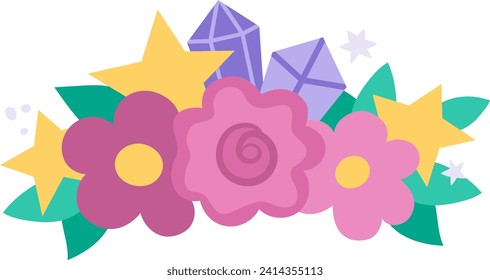 Vector composition with pink flowers, leaves., stars and purple diamonds. Unicorn treasure concept. Floral fantasy world decoration for cards isolated on white background
