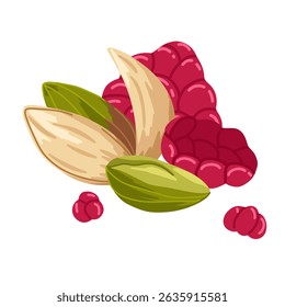 Vector composition of pistachio and raspberry with juicy pieces. Hand drawn food mix for dessert visuals. Great for packaging, snack branding, menu illustrations, stickers, and promo design
