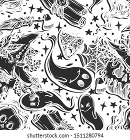 Vector composition with poisoned apple and ghosts, witch hat, t-shirt design, seamless pattern, background light
