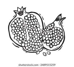 Vector composition of pomegranate halves with pulp. Botanical black and white illustration, hand drawn in linocut style. Drawing for food and cosmetics packaging design, menus, recipes, postcards