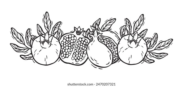 Vector composition of pomegranate halves with seeds and leaves. Botanical black and white illustration, hand drawn in linocut style. Drawing for design of packaging, menus, recipes, postcards