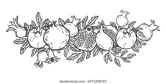 Vector composition of pomegranate halves with seeds and leaves. Botanical black and white illustration, hand drawn in linocut style. Drawing for design of packaging, menus, recipes, postcards