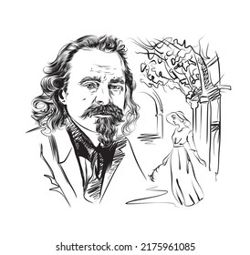 Composición vectorial con un retrato de Konstantin Balmont sobre el fondo de un callejón y una dama con una flor. El poeta simbolista ruso, traductor de la Edad de Plata, está escrito en blanco y negro.