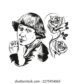 Vector composition of the portrait of Tsvetaeva M. on the background of blooming roses. The Russian poetess of the Silver Age is made in black and white.