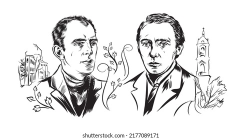 Vector Composition With Portraits Of Osip Mandelstam And Velimir Khlebnikov On The Background Of The Old Town. Russian Poets-prose Writers Of The Silver Age.