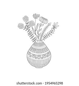 Vector Composition with Pot and Fantastic Summer Flowers. Highly Detailed Adult Colouring Page with Bouquet