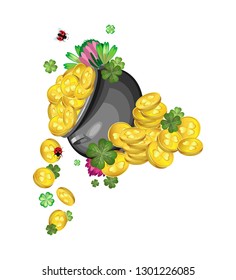 Vector composition. A pot of gold coins, clover leaves and flowers with stacks of gold coins with flowers and quatrefoils in the background to celebrate St. Patrick's Day. Transparent background