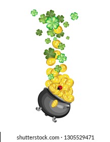 Vector composition. A pot of gold coins and clover quatrefoils flowing into it. Transparent background
