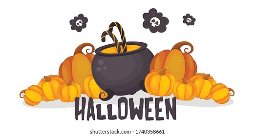 Vector composition with pumpkin and cauldron. Lettering. Set of hand drawn halloween elements. Flat illustration