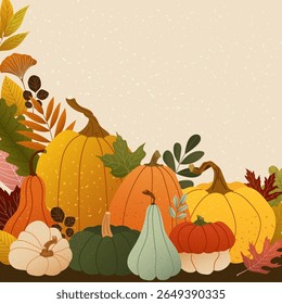 Vector composition of pumpkins and autumn leaves in warm fall colors Textured harvest still life for Thanksgiving card, poster, banner, packaging and seasonal print. Cozy rustic mood for autumn design