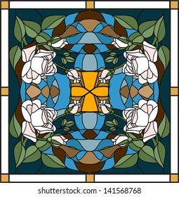 Vector composition with the queen of flowers rose / stained glass window, door and ceiling